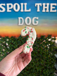 Hand holding a candy cane shaped cookie with sprinkles in front of a colorful sign and green foliage.
