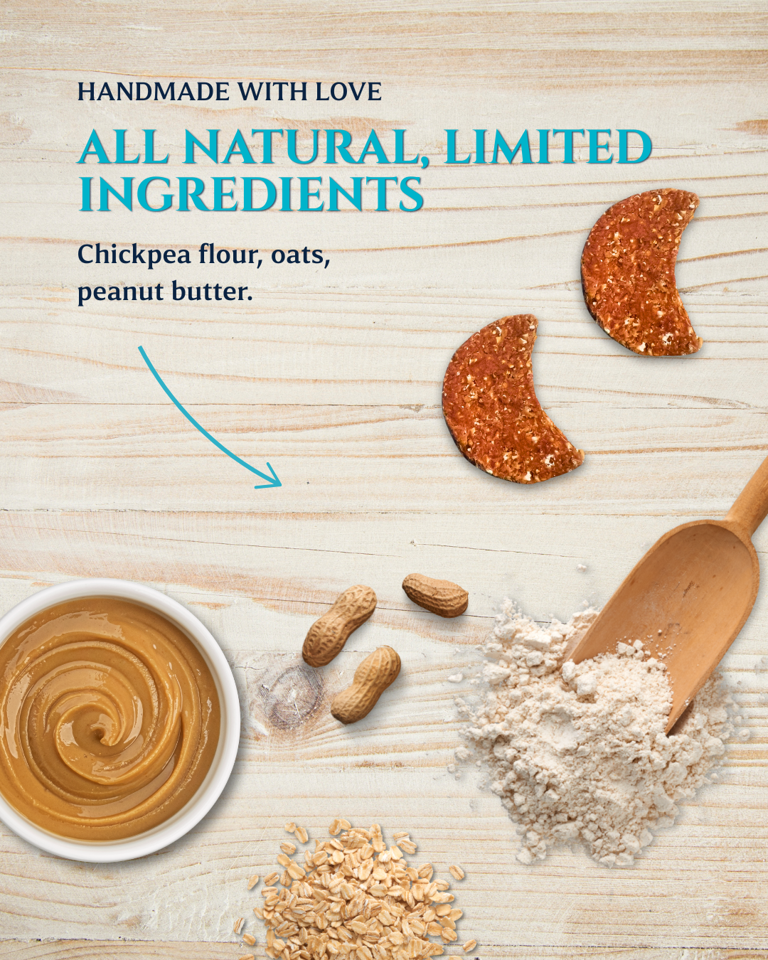 Ingredients for a peanut butter flavour crunchy bites with text 'Handmade with Love, All Natural, Limited Ingredients' on a wooden surface.