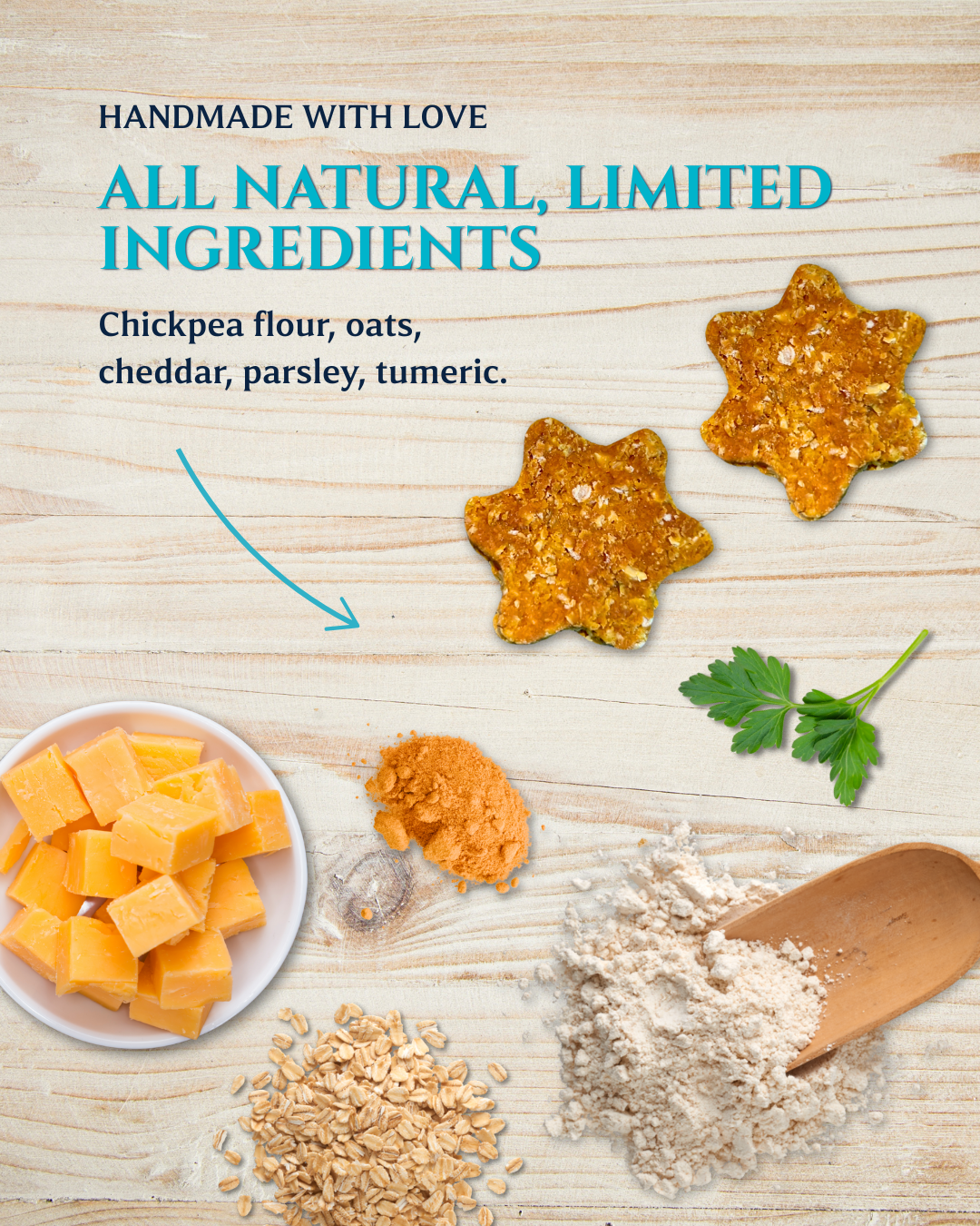 Star-shaped dog treats on a wooden surface with text about natural ingredients.