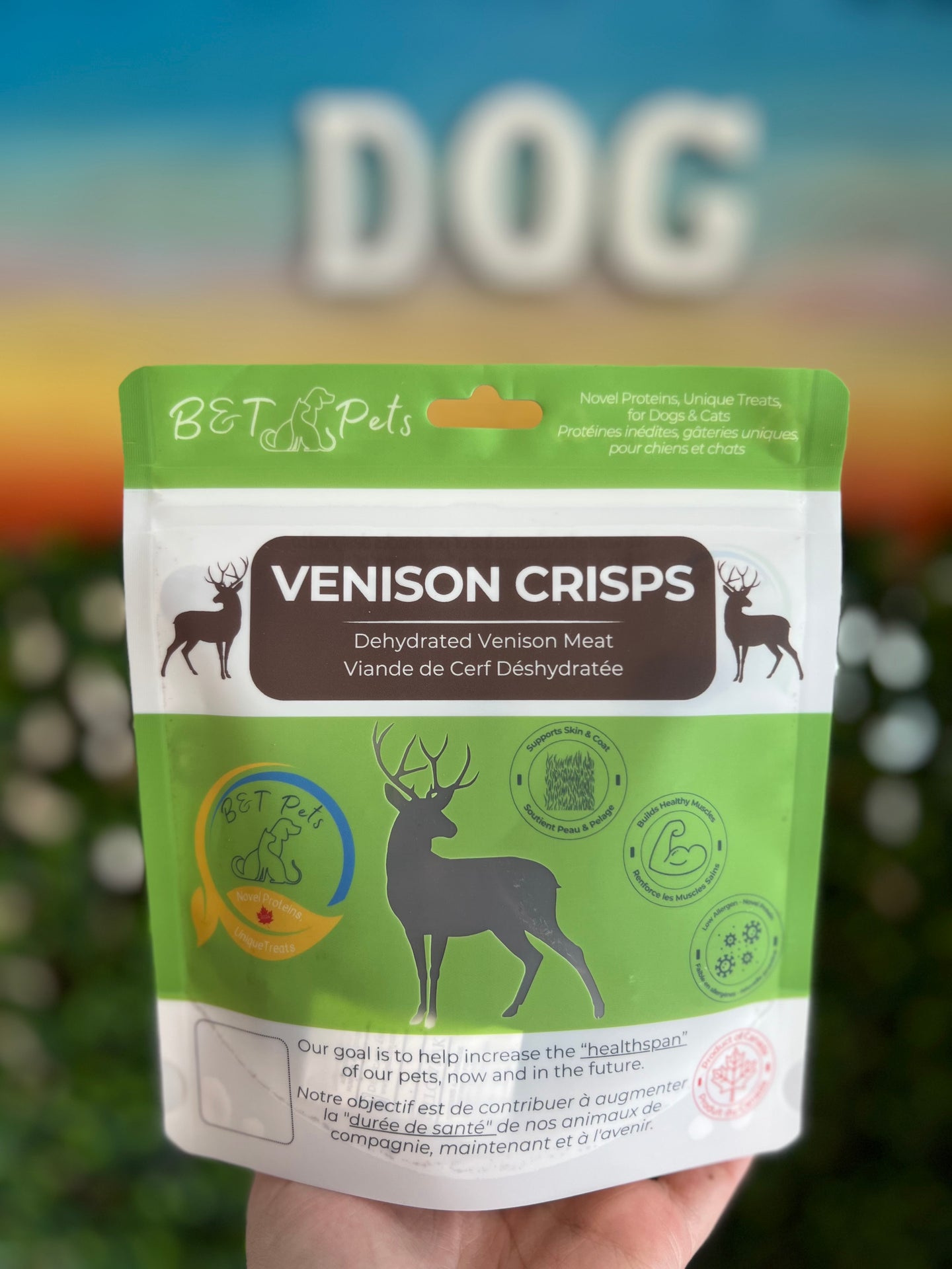Bag of Venison Crisps for dogs held in front of a blurred background with 'DOG' text.