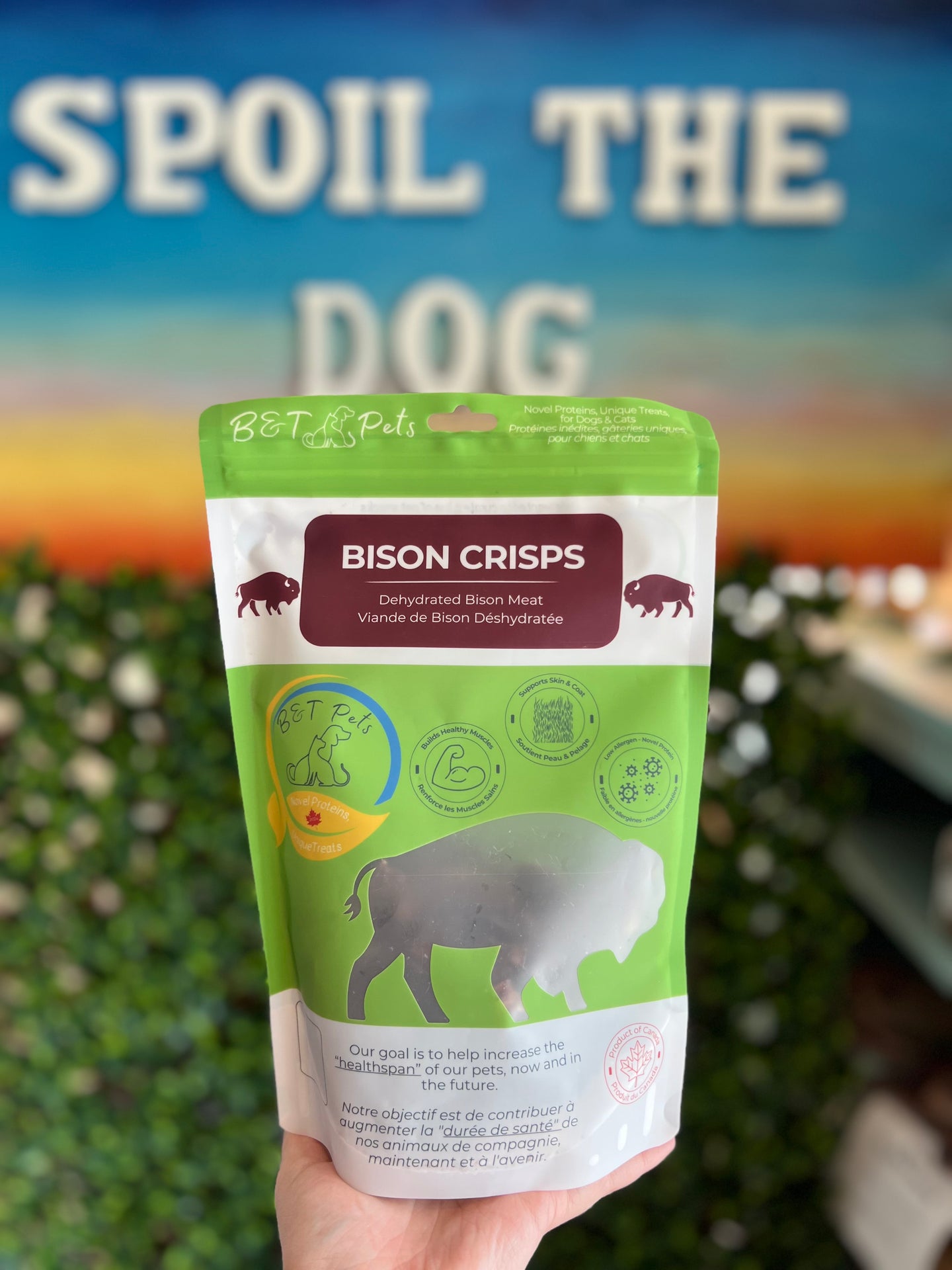 Hand holding a package of Bison Crisps with a blurred background featuring 'Spoil the Dog' text.
