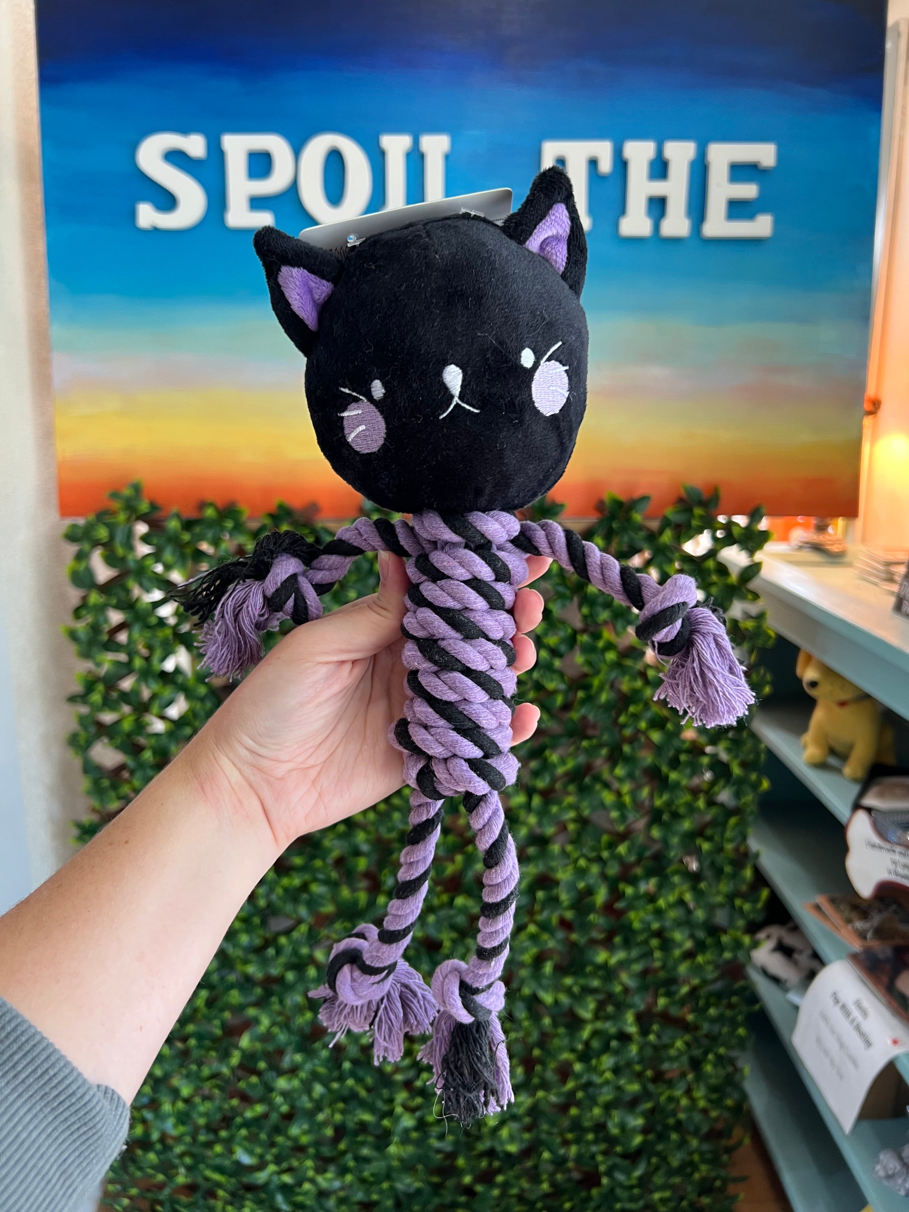 Black cat-shaped toy with a purple rope held by a hand, with a store setting in the background.