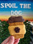 Dog treat with carob and yogurt layers held by a hand, against a blurred outdoor background with 'Spoil the Dog' text.