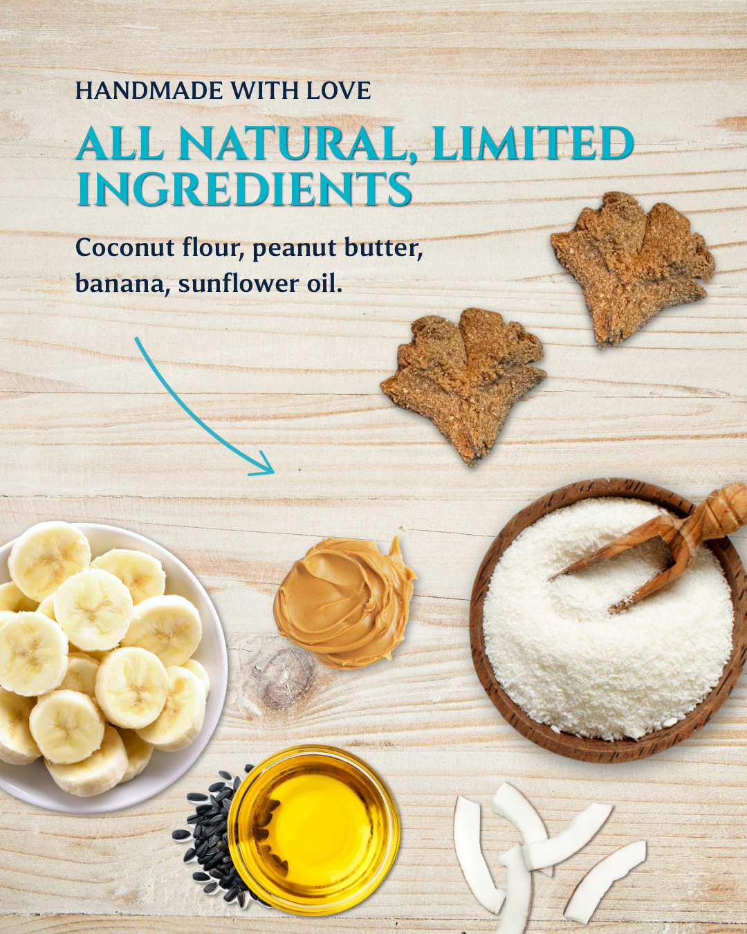 Ingredients for banana coconut flavour classic treats with text 'Handmade with Love, All Natural, Limited Ingredients' on a wooden surface.
