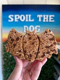 Hand holding a dog treat shaped like a bat, with 'Spoil the Dog' sign in the background