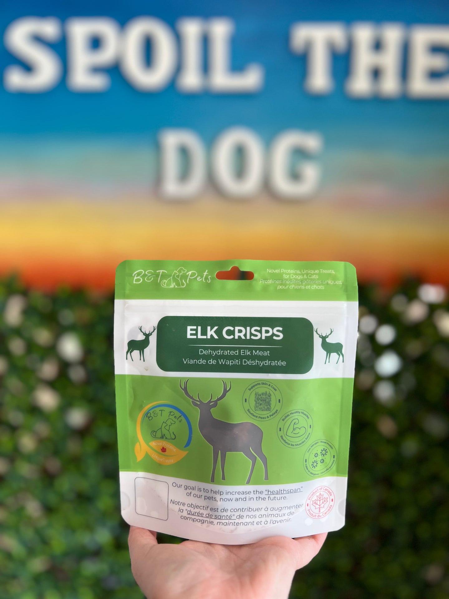 Hand holding a package of 'Elk Crisps' with a scenic background