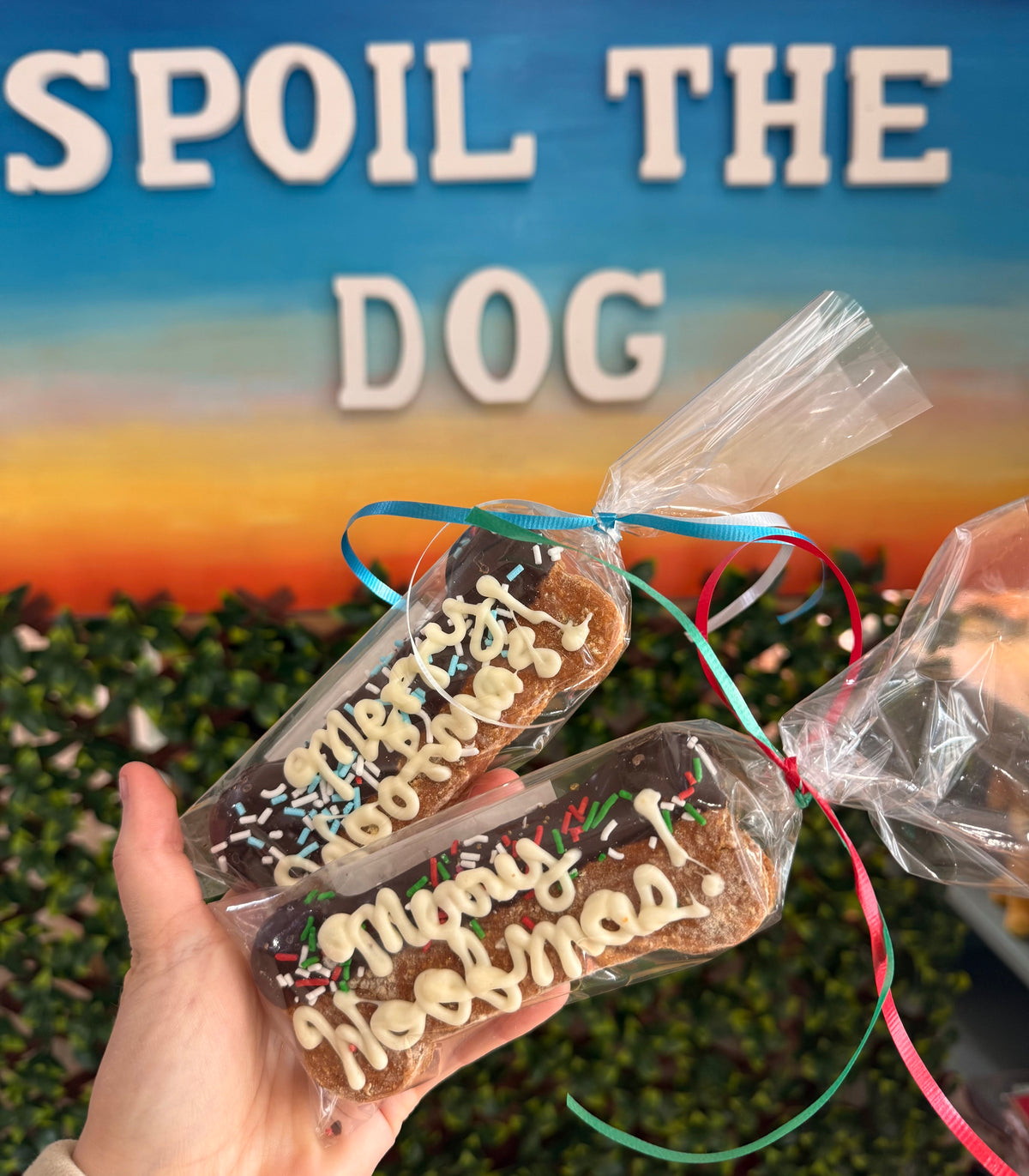Two packages of dog treats with 'Merry Woofmas' text, held by a hand against a colorful background.