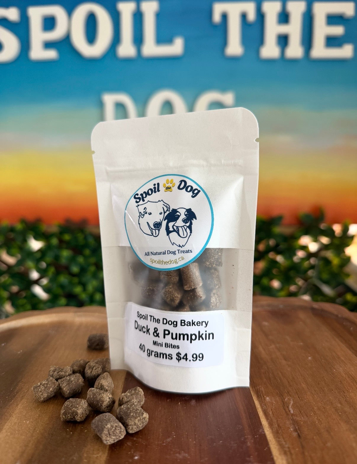 Package of Spoil the Dog Bakery duck and pumpkin mini bites on a wooden surface with a scenic background.