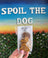 Packaged dog treats held in front of a 'Spoil the Dog' sign with a scenic background.