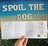 Hand holding a 'Spoil the Dog' product information sheet with a scenic background.