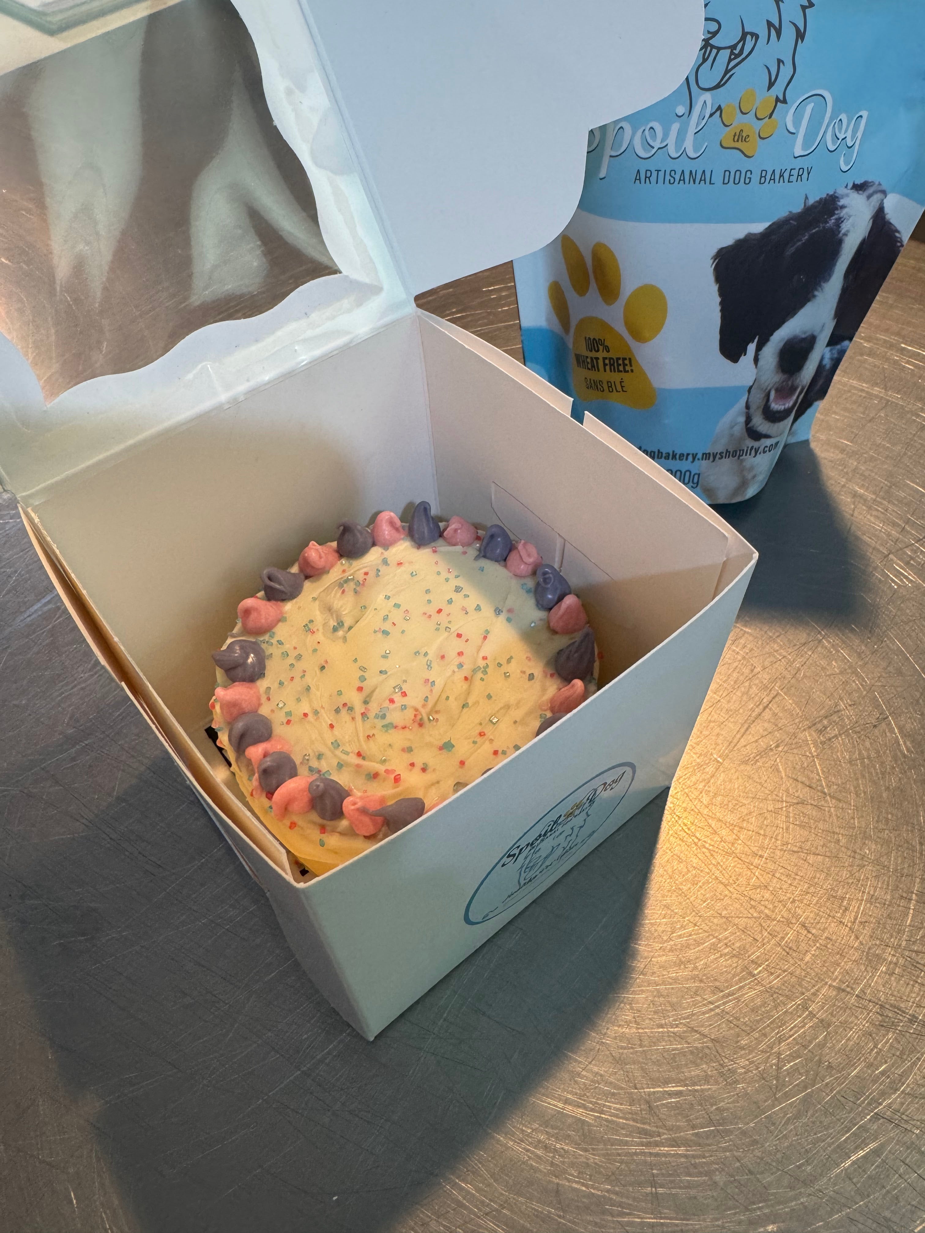 Dog cake in a box with 'Spoil the Dog' packaging in the background