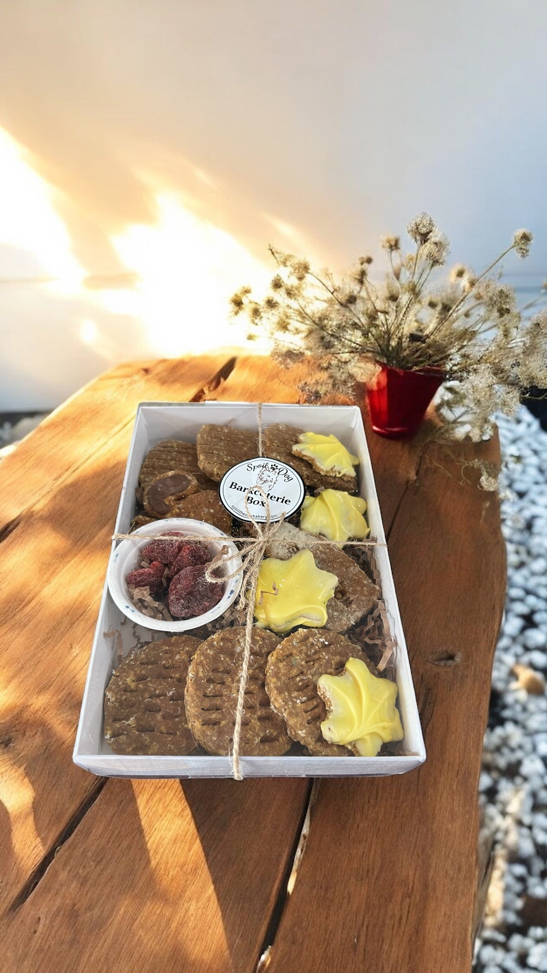 A dog treat barkcuterie box containing various natural dog treats such as 'crackers', 'cheese' diamonds, and a squirrel shaped treat, displayed on a wooden surface with a bundle of dried flowers in the background.