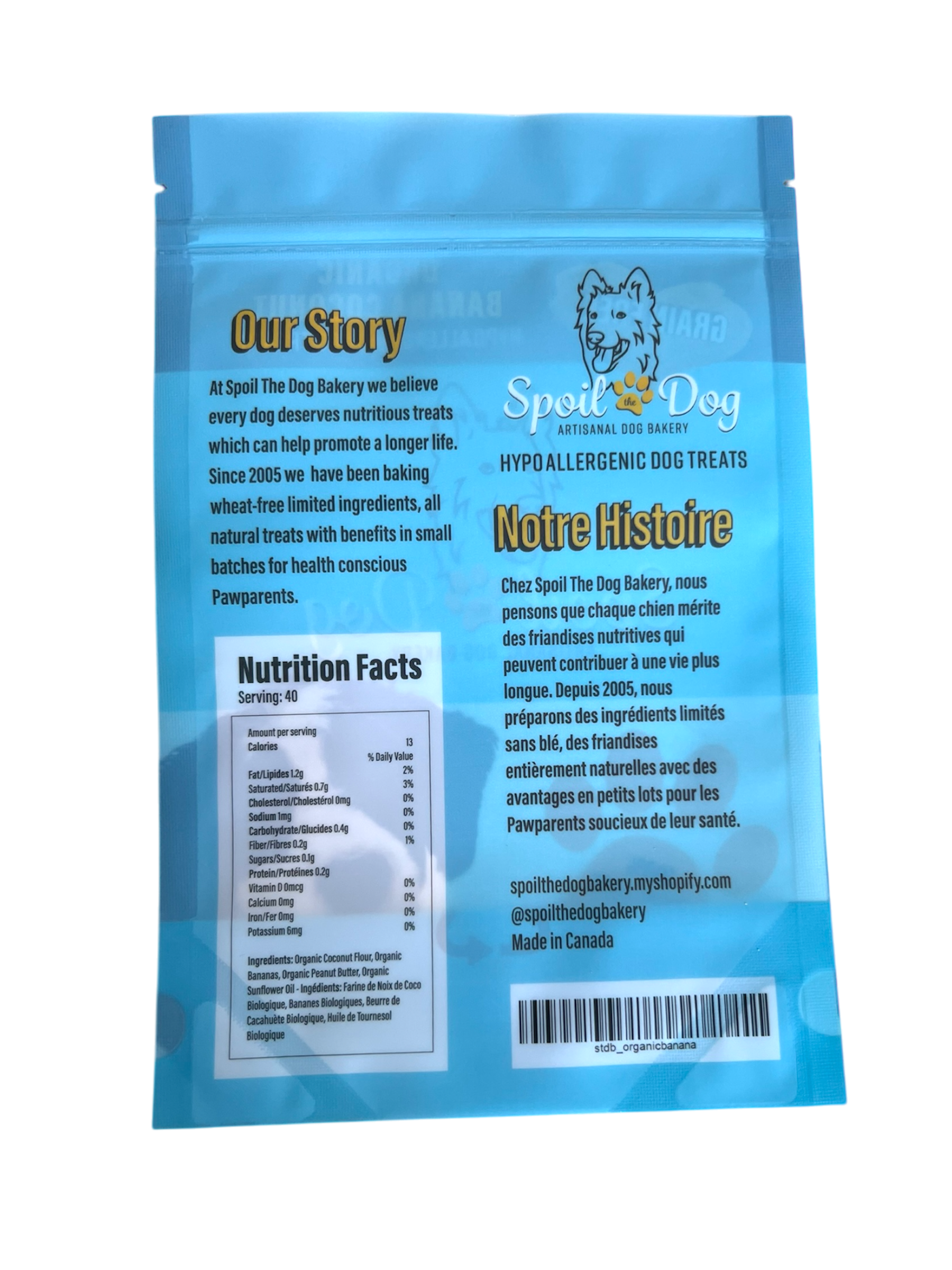 Blue package of Spoil The Dog Bakery dog treats with text and nutrition facts on a white background