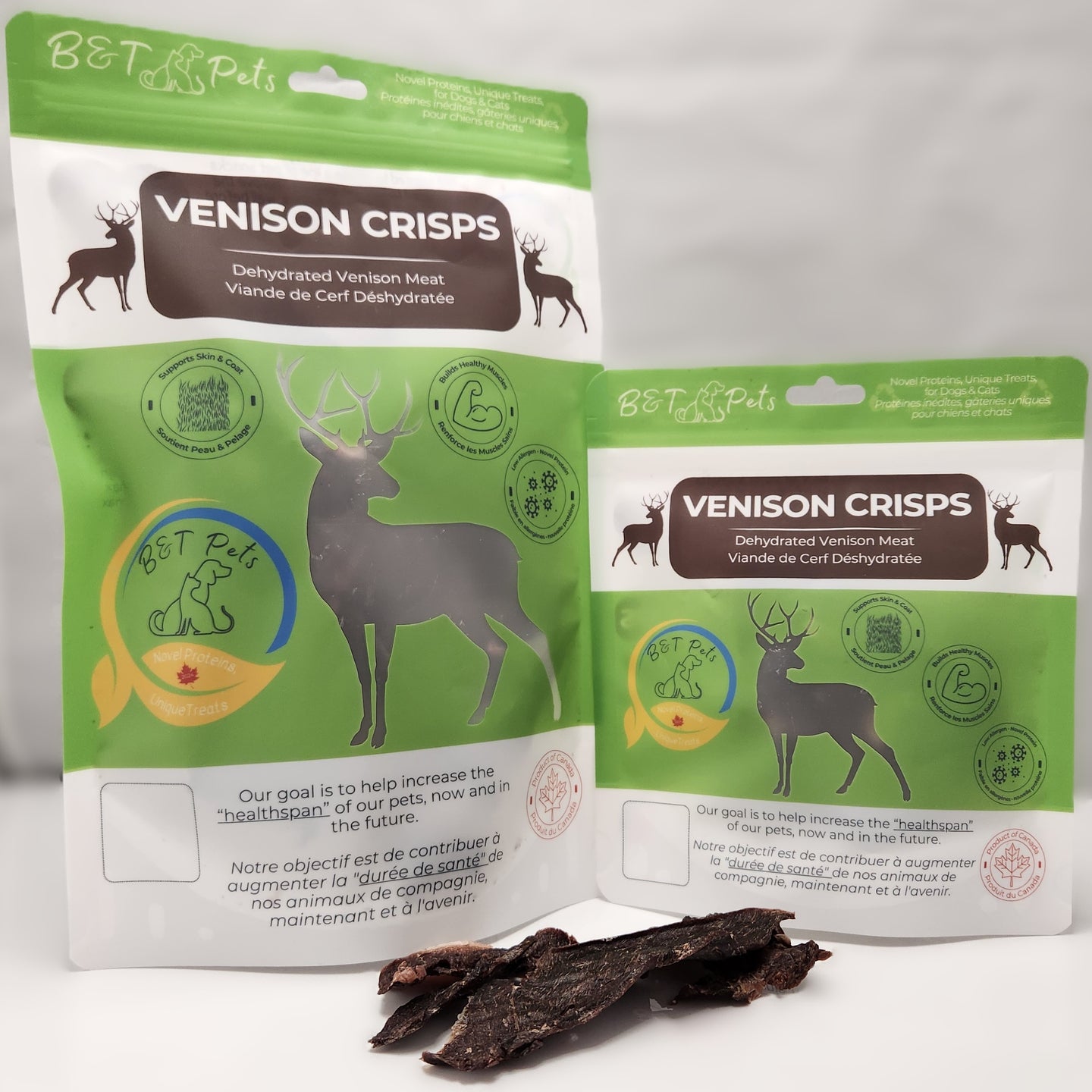 Two packages of B&T Pets Venison Crisps on a white background