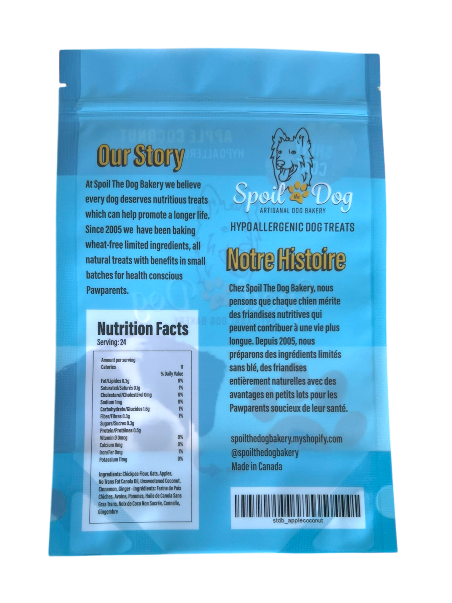 Blue packaging of Spoil The Dog Bakery dog treats with text and nutrition facts.