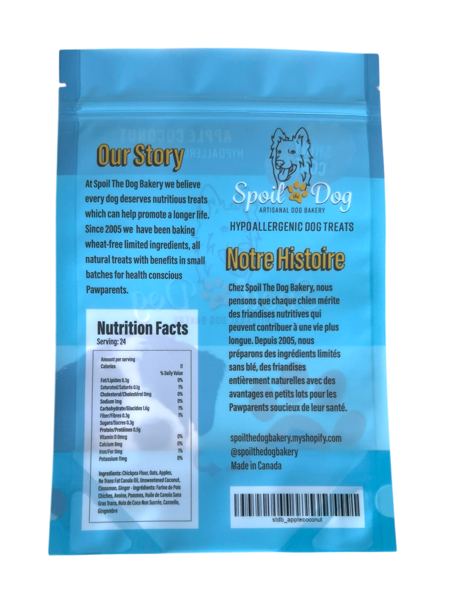 Blue packaging of Spoil The Dog Bakery dog treats with text and nutrition facts.