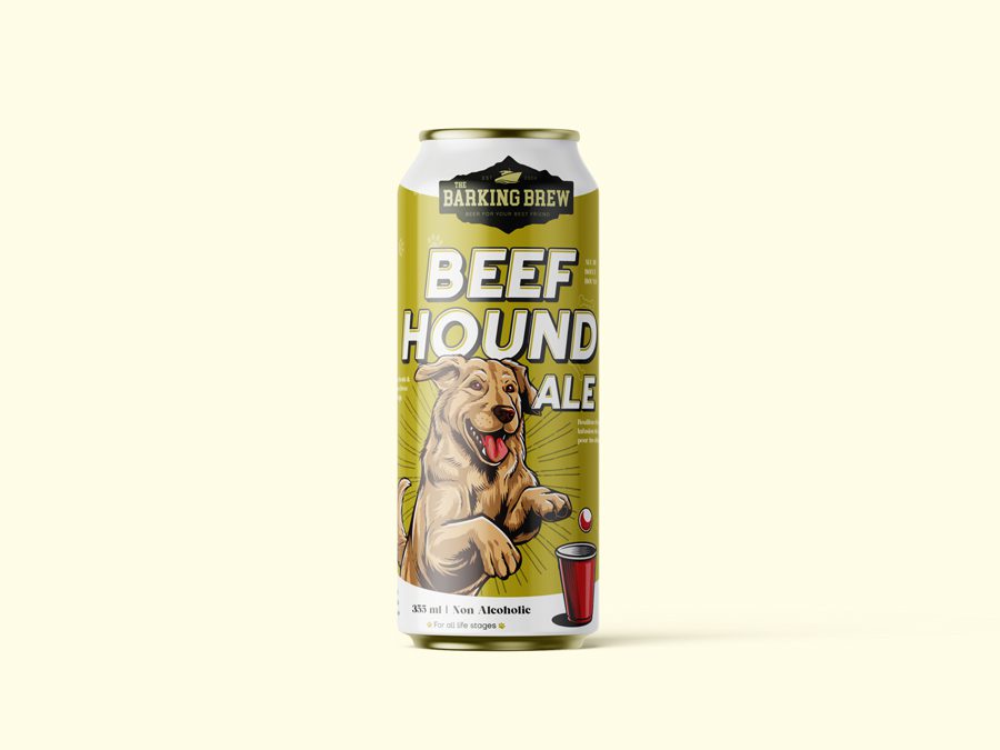 Can of Barking Brew Beef Hound Ale on a beige background