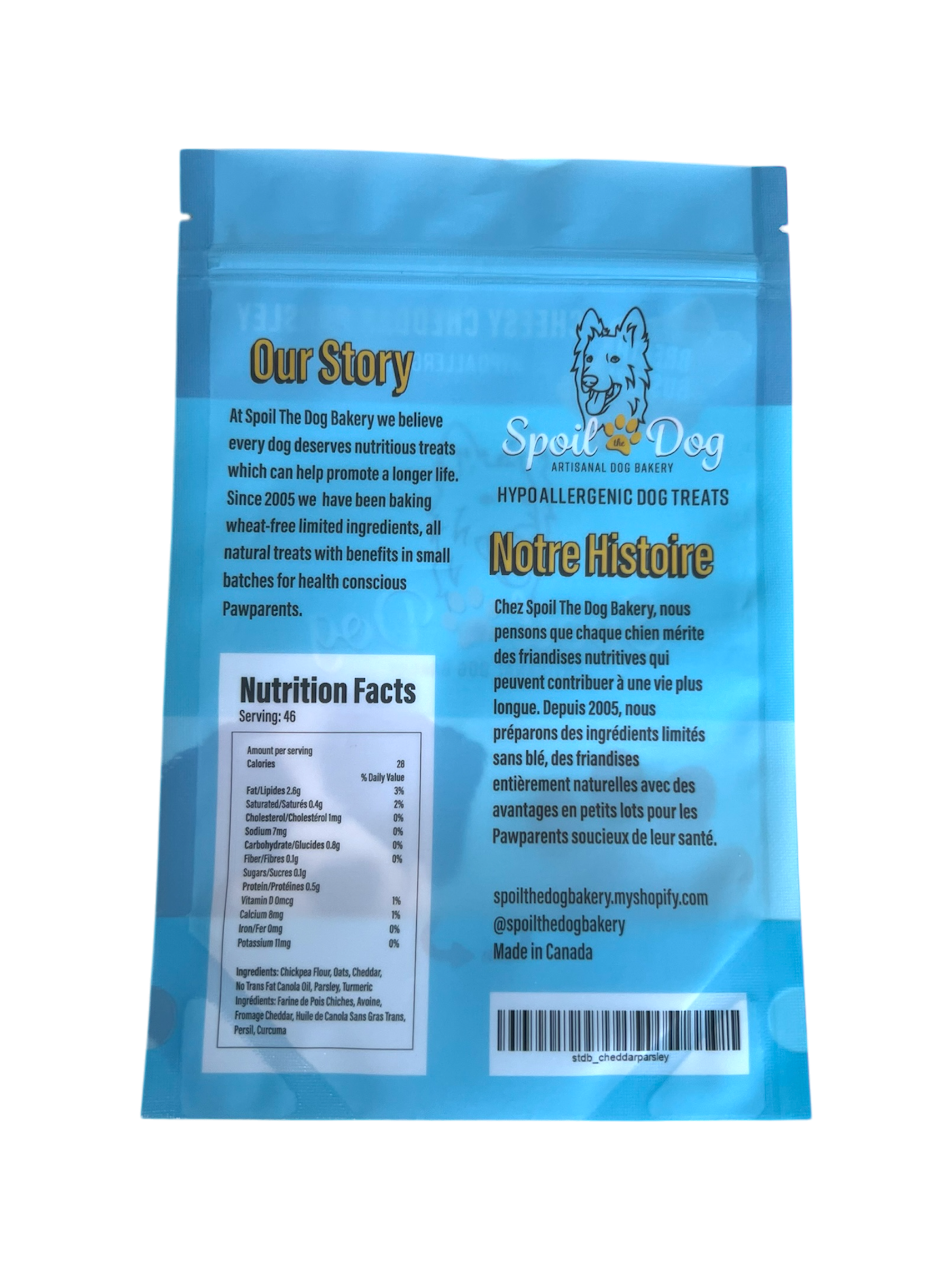 Blue package of Spoil the Dog hypoallergenic dog treats with text and nutrition facts.