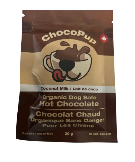 Chocopup Organic Dog Safe Hot Chocolate package on a white background