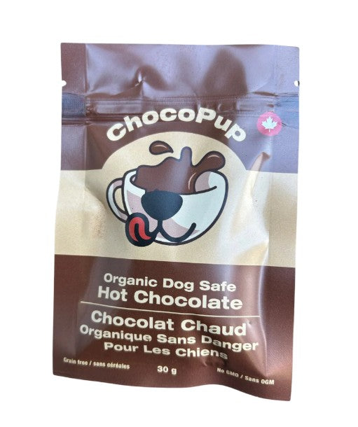 ChocoPup organic dog safe hot chocolate packaging on a white background