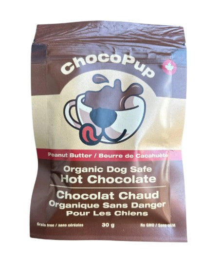 Package of ChocoPup Organic Dog Safe Hot Chocolate on a white background