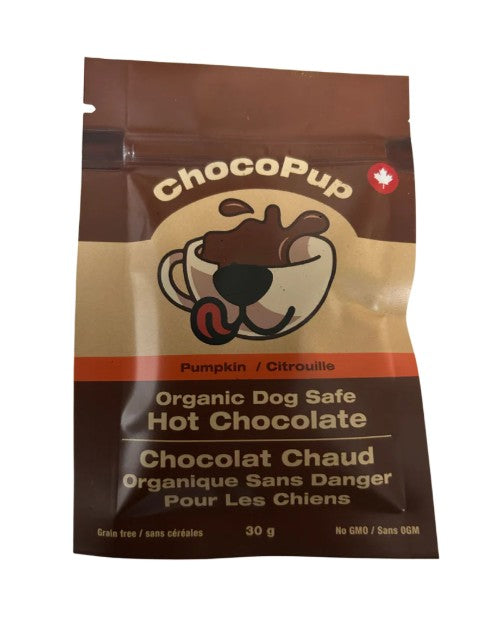 ChocoPup organic dog safe hot chocolate package on a white background