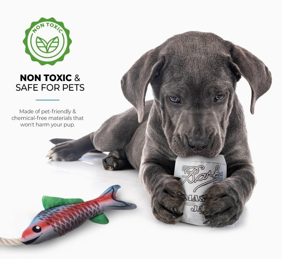 Puppy playing with a toy, with text about non-toxicity and pet safety.