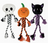 Three Halloween-themed dog toys: a skeleton, pumpkin, and black cat on a white background.