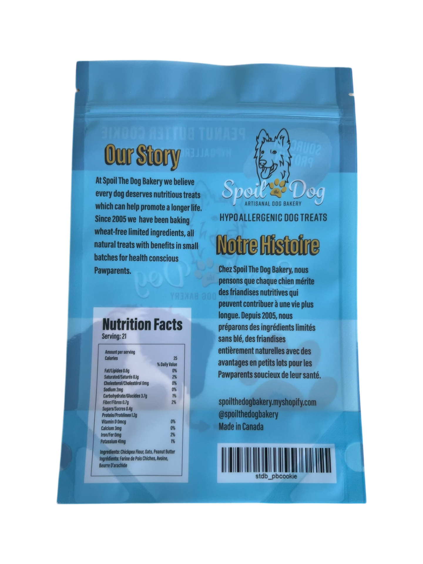 Back of a blue Spout Dog pet food package with text and nutrition facts.