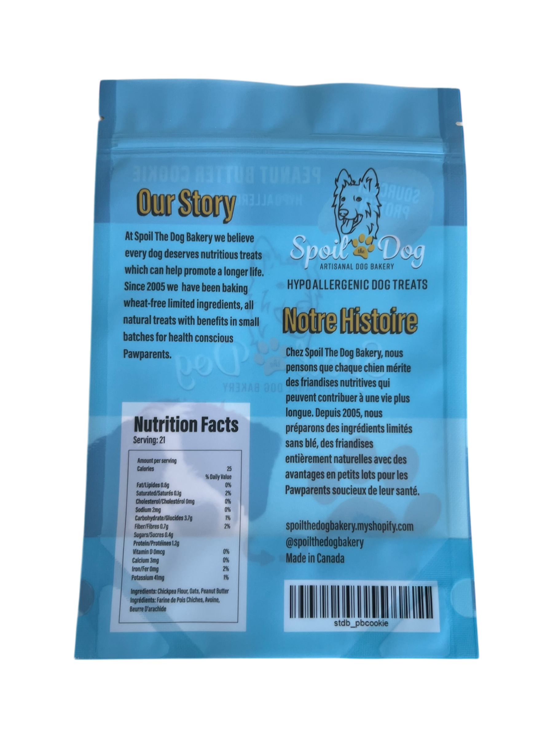 Back of a blue Spout Dog pet food package with text and nutrition facts.