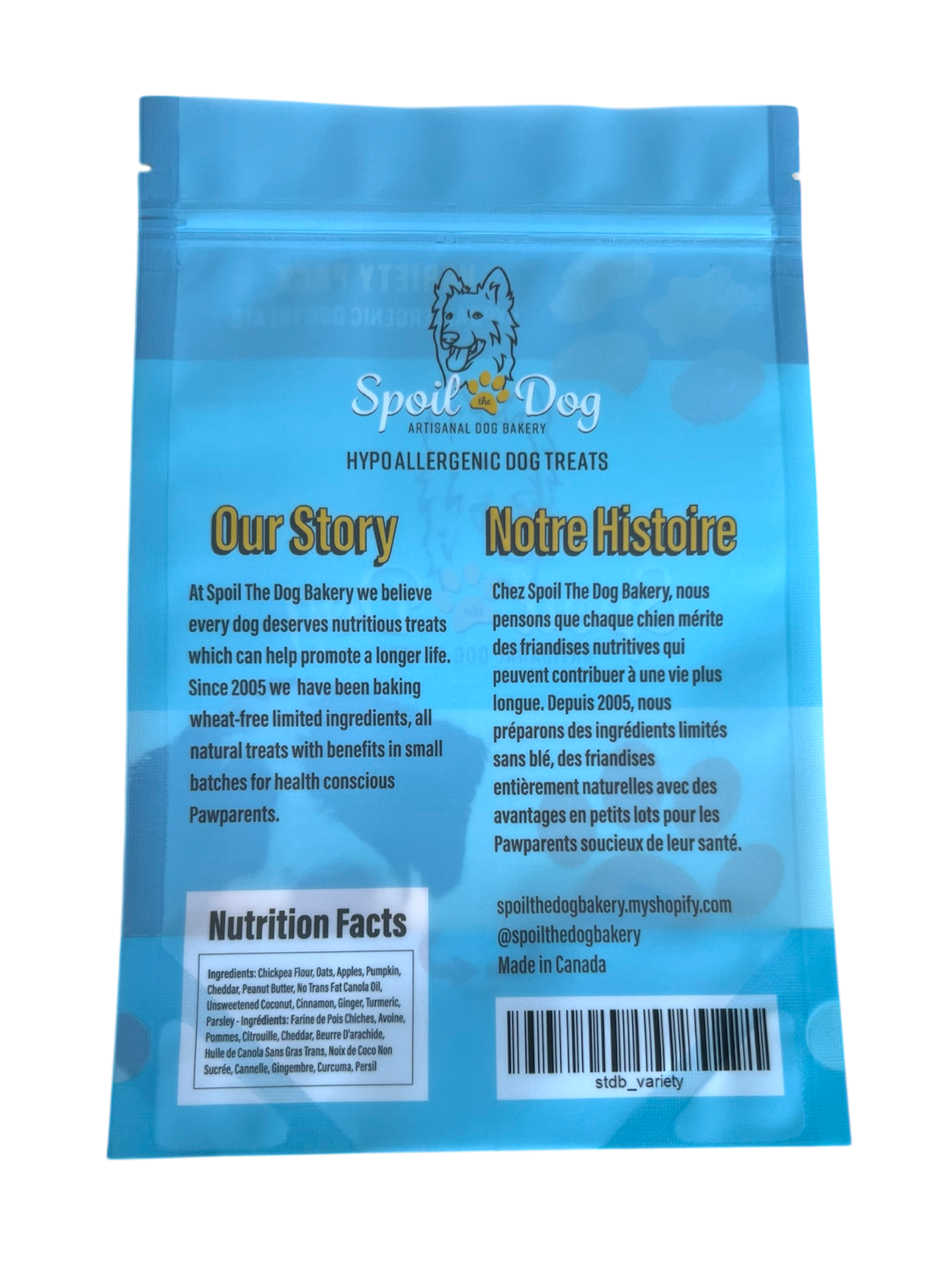 Blue package of Spoil The Dog with text and branding on a white background