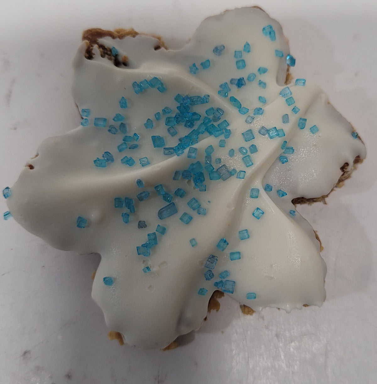 A decorated dog treat shaped like a snowflake with white frosting and blue sprinkles on a white background.